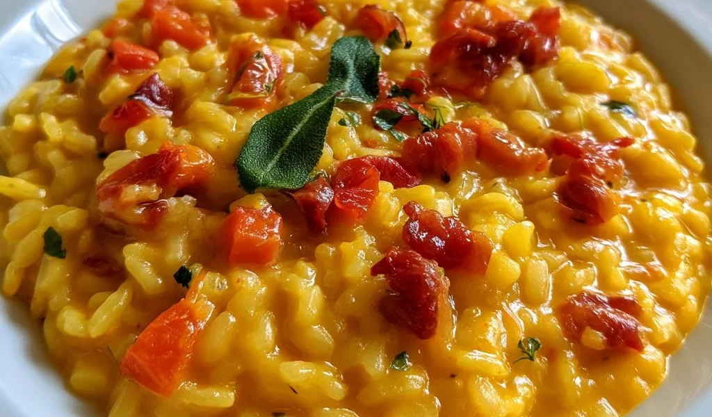 Piatto di risotto alla milanese con zafferano e formaggio grattugiato.