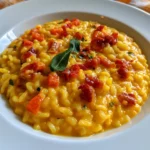 Piatto di risotto alla milanese con zafferano e formaggio grattugiato.