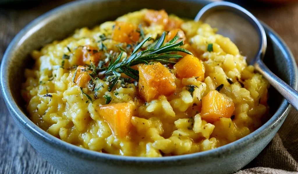 Piatto di risotto alla zucca e rosmarino servito in un bowl elegante