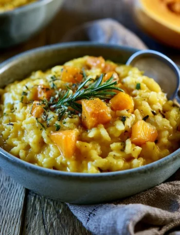 Piatto di risotto alla zucca e rosmarino servito in un bowl elegante