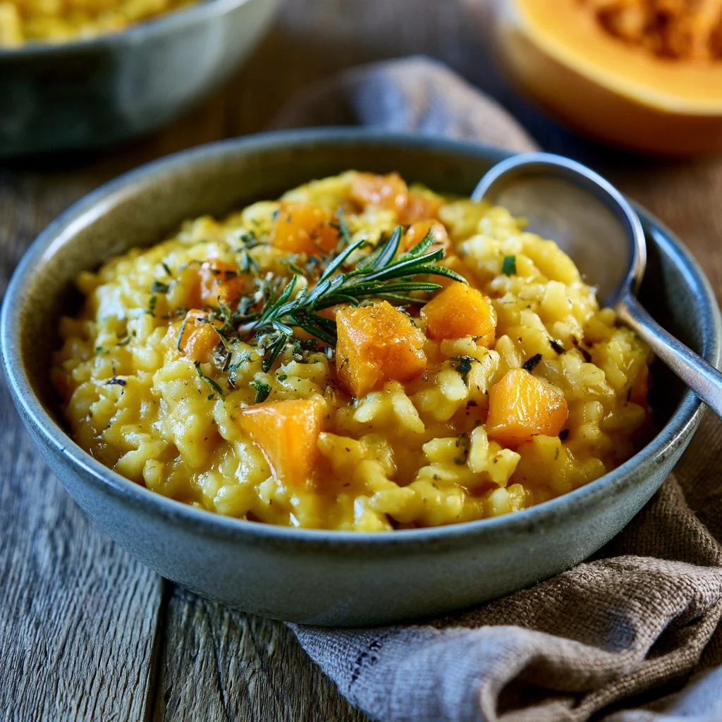 Piatto di risotto alla zucca e rosmarino servito in un bowl elegante