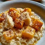 Piatto di risotto alla zucca e Taleggio con decorazioni di erbe fresche