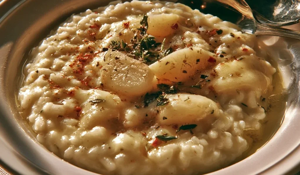 Risotto con pere e taleggio servito in un piatto elegante.