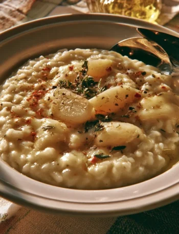 Risotto con pere e taleggio servito in un piatto elegante.