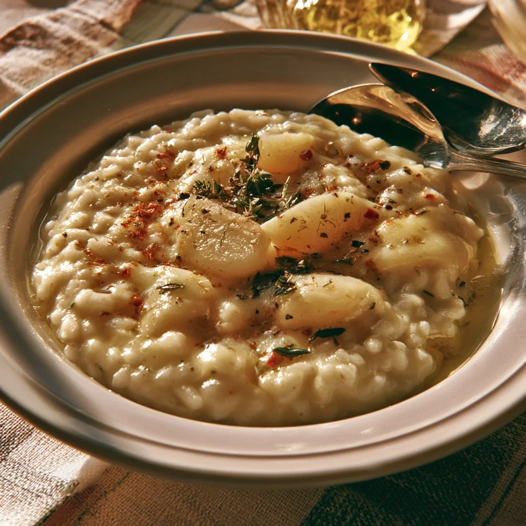 Risotto con pere e taleggio servito in un piatto elegante.