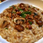 Risotto con funghi e nocciole servito in un piatto.