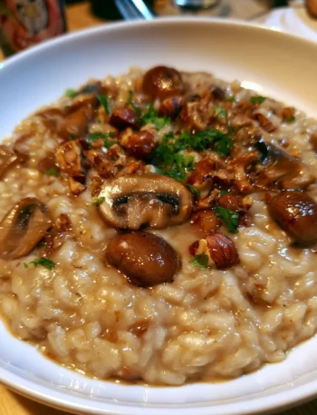 Risotto con funghi e nocciole servito in un piatto.