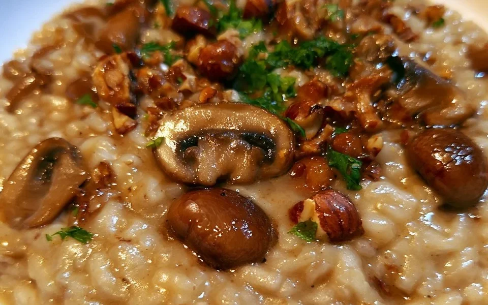 Risotto con funghi e nocciole servito in un piatto.