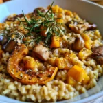 Risotto con zucca, castagne e rosmarino pronto per essere servito.