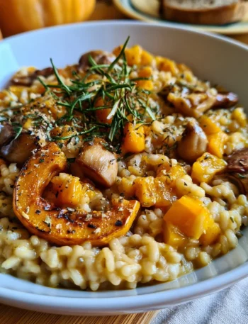 Risotto con zucca, castagne e rosmarino pronto per essere servito.
