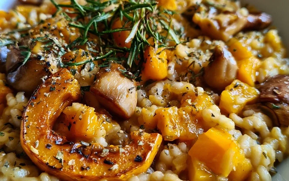 Risotto con zucca, castagne e rosmarino pronto per essere servito.