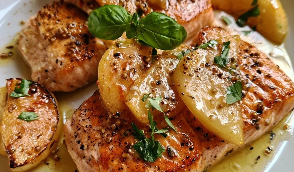 Salmone in padella con mele e senape, piatto gourmet sano e gustoso