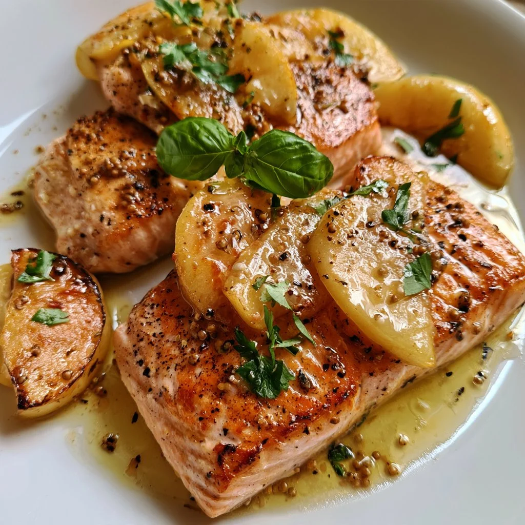 Salmone in padella con mele e senape, piatto gourmet sano e gustoso