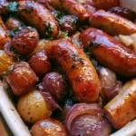 Salsiccia al forno con uva e cipolle rosse appetitosa e colorata