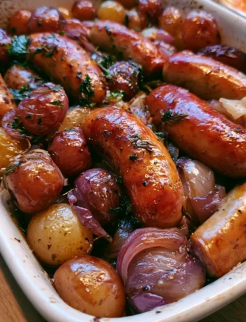 Salsiccia al forno con uva e cipolle rosse appetitosa e colorata