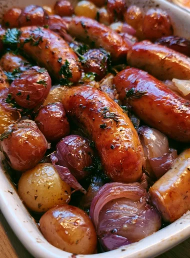 Salsiccia al forno con uva e cipolle rosse appetitosa e colorata