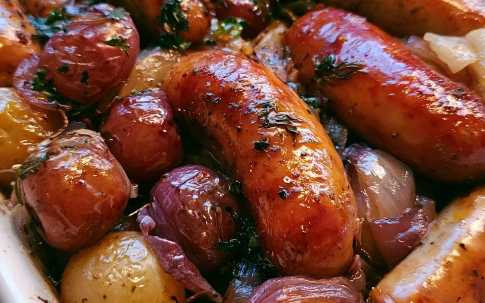 Salsiccia al forno con uva e cipolle rosse appetitosa e colorata