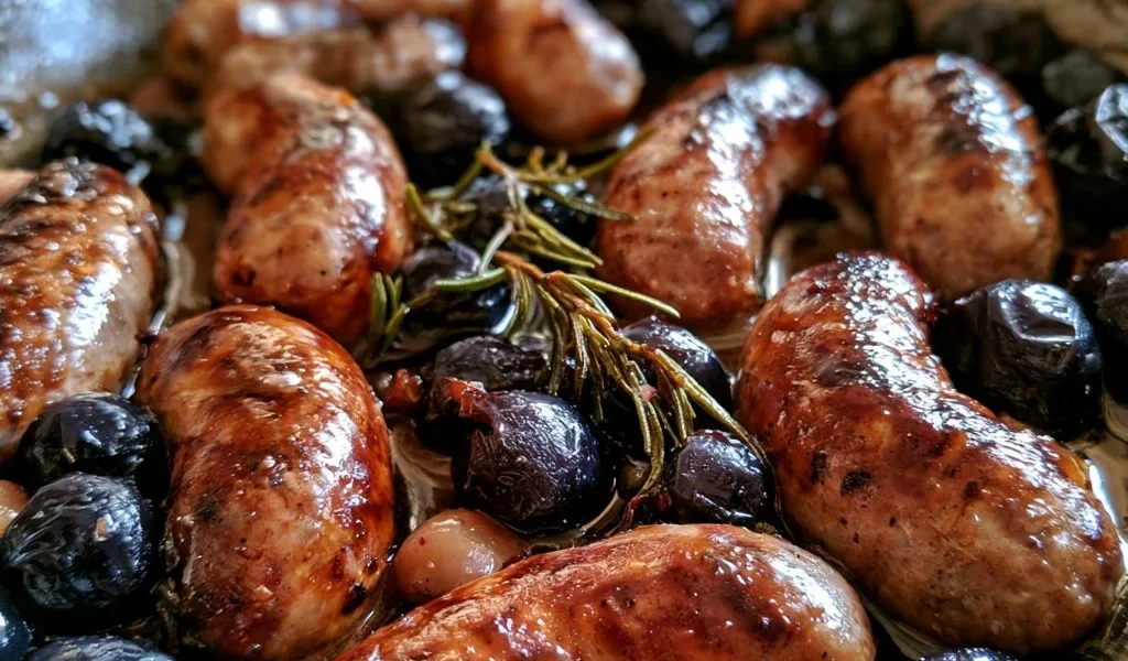 Salsiccia in padella con uva nera, piatto gustoso e semplice da preparare.