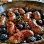 Salsiccia in padella con uva nera, piatto gustoso e semplice da preparare.