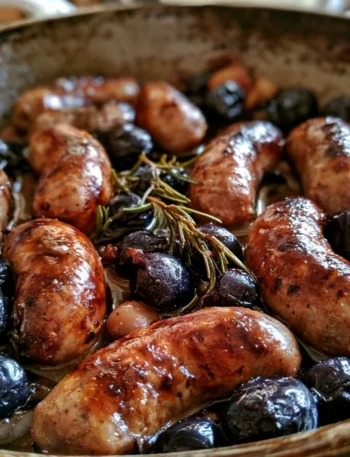 Salsiccia in padella con uva nera, piatto gustoso e semplice da preparare.