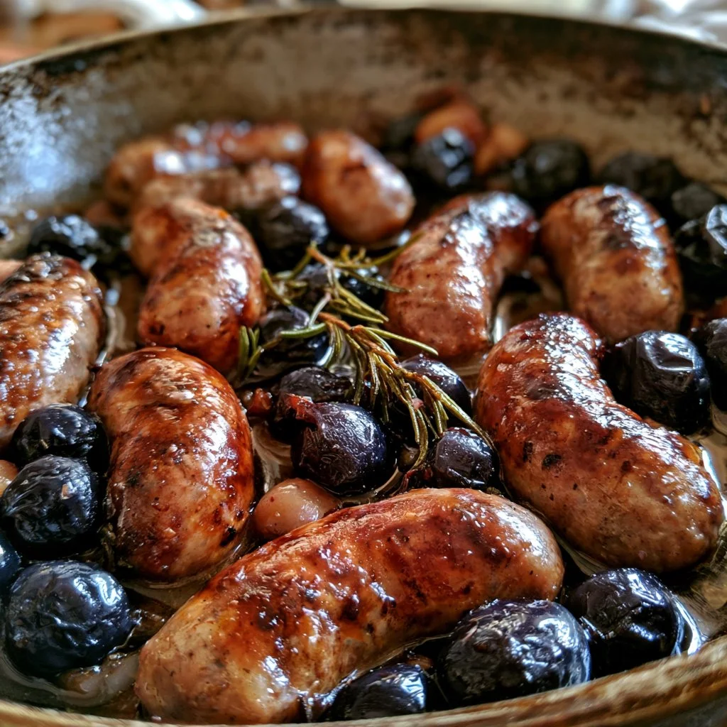 Salsiccia in padella con uva nera, piatto gustoso e semplice da preparare.