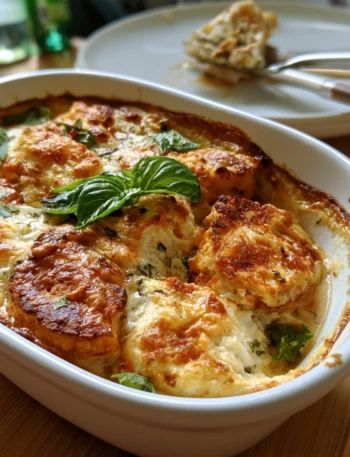 Sformato di cavolfiore e ricotta appena sfornato, decorato con erbe fresche