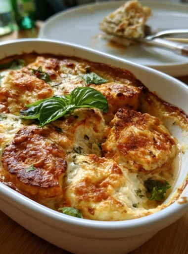 Sformato di cavolfiore e ricotta appena sfornato, decorato con erbe fresche