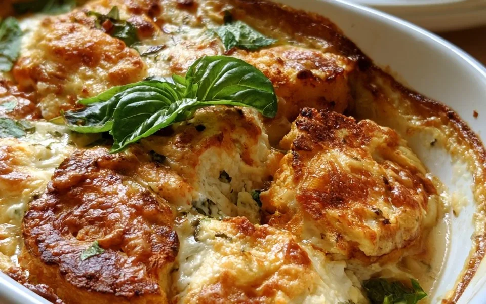 Sformato di cavolfiore e ricotta appena sfornato, decorato con erbe fresche