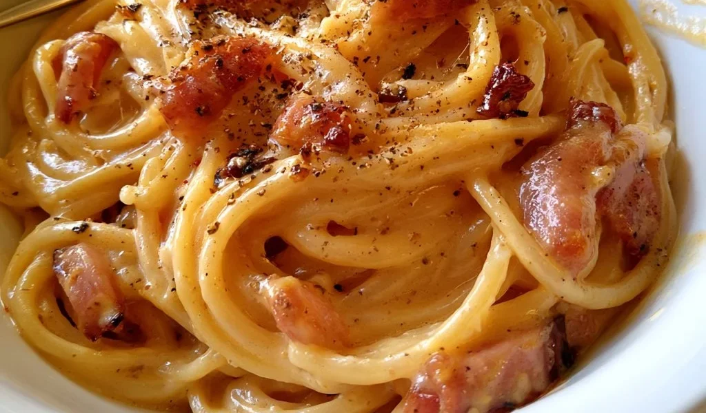 Piatto di spaghetti alla carbonara con guanciale e pecorino