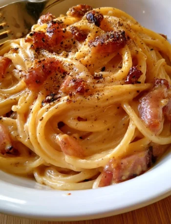 Piatto di spaghetti alla carbonara con guanciale e pecorino