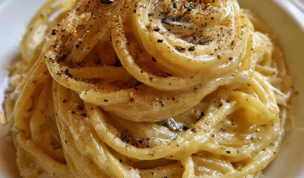 Piatto di spaghetti cacio e pepe con formaggio e pepe nero
