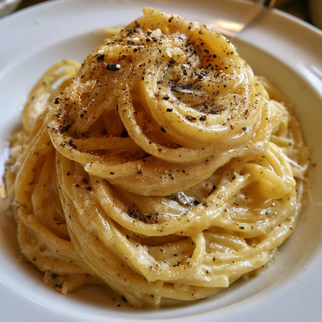 Piatto di spaghetti cacio e pepe con formaggio e pepe nero