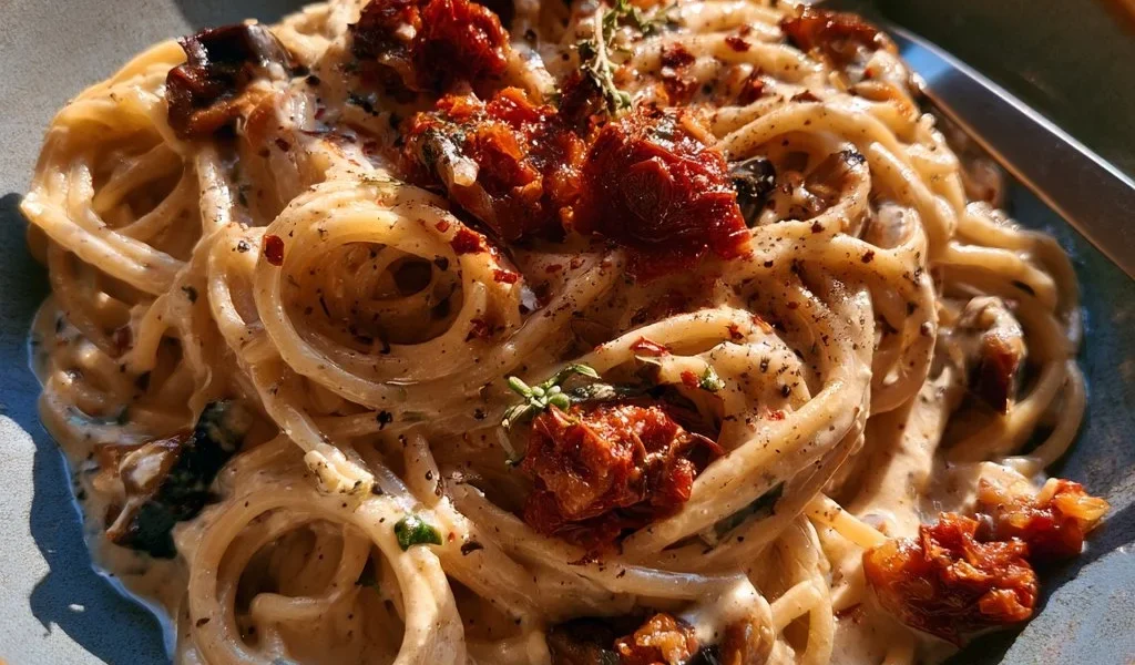 Spaghetti con crema di melanzane e mandorle, un piatto delizioso e cremoso.