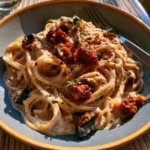 Spaghetti con crema di melanzane e mandorle, un piatto delizioso e cremoso.