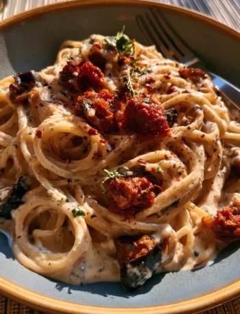 Spaghetti con crema di melanzane e mandorle, un piatto delizioso e cremoso.