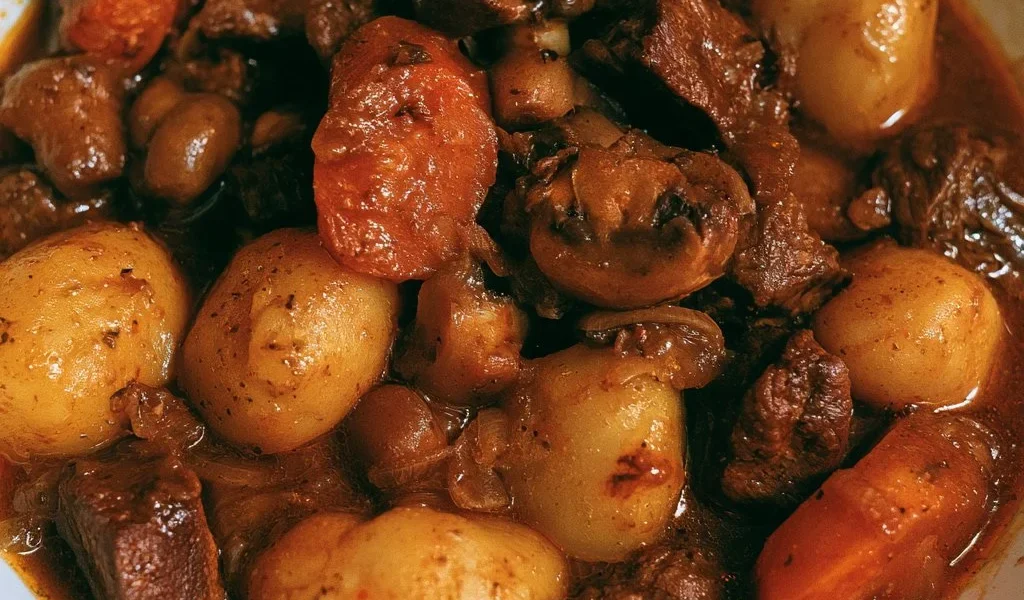Spezzatino di manzo con funghi e patate in un piatto colorato