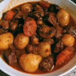 Spezzatino di manzo con funghi e patate in un piatto colorato