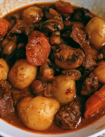 Spezzatino di manzo con funghi e patate in un piatto colorato