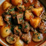 Spezzatino di manzo con patate e funghi servito in un piatto appetitoso
