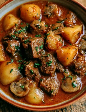 Spezzatino di manzo con patate e funghi servito in un piatto appetitoso