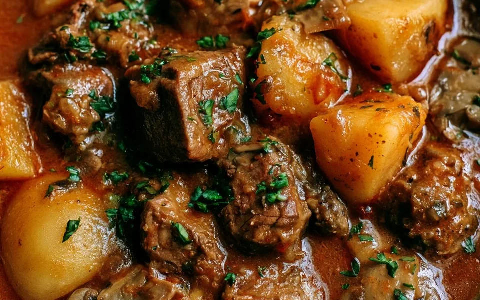 Spezzatino di manzo con patate e funghi servito in un piatto appetitoso