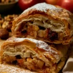 Strudel di mele, uvetta e pinoli su un piatto decorativo