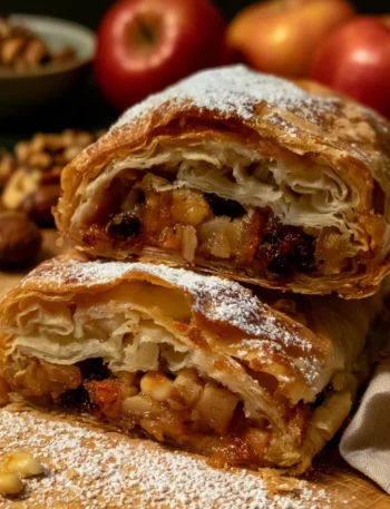 Strudel di mele, uvetta e pinoli su un piatto decorativo