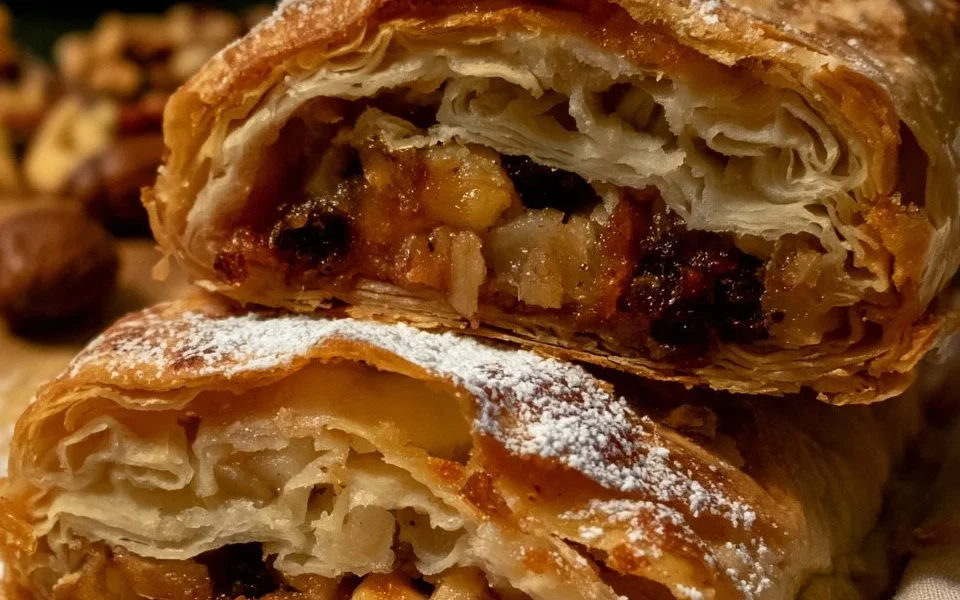 Strudel di mele, uvetta e pinoli su un piatto decorativo