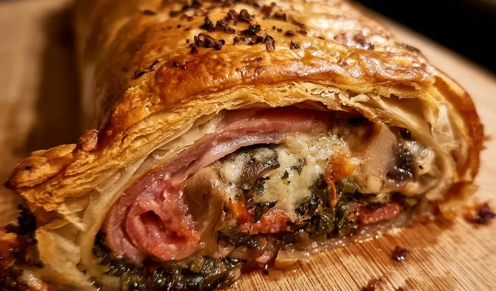 Strudel salato con funghi e speck, un delizioso piatto da servire