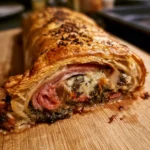 Strudel salato con funghi e speck, un delizioso piatto da servire