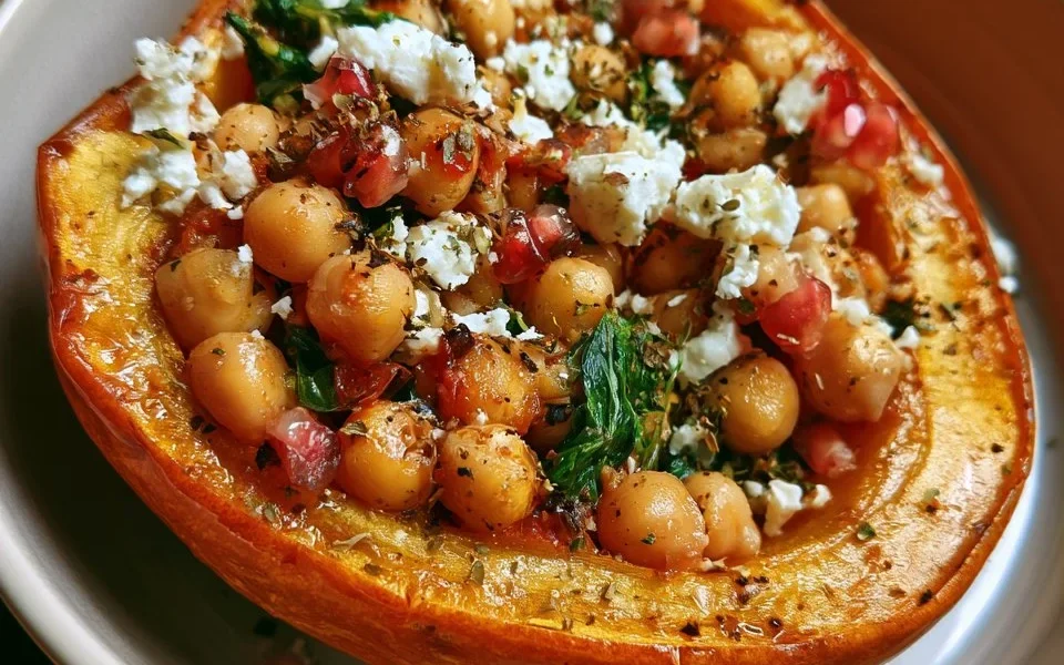 Zucchina ripiena con ceci, feta e spinaci, piatto autunnale delizioso.