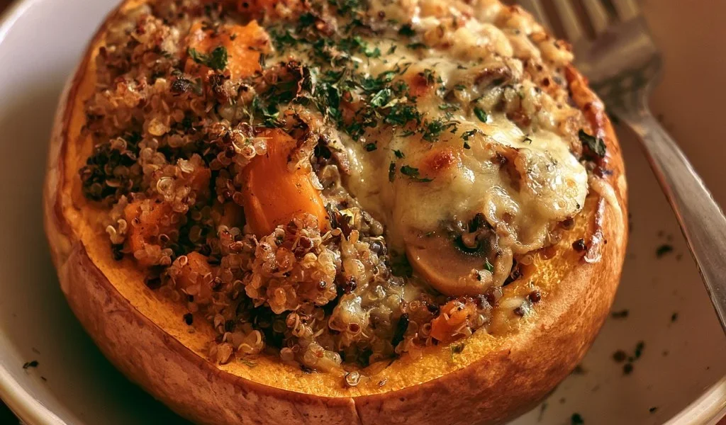 Zucca ripiena di quinoa, funghi e formaggio, piatto autunnale delizioso.
