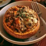 Zucca ripiena di quinoa, funghi e formaggio, piatto autunnale delizioso.