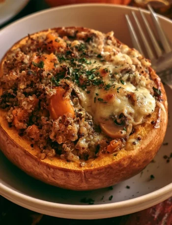 Zucca ripiena di quinoa, funghi e formaggio, piatto autunnale delizioso.